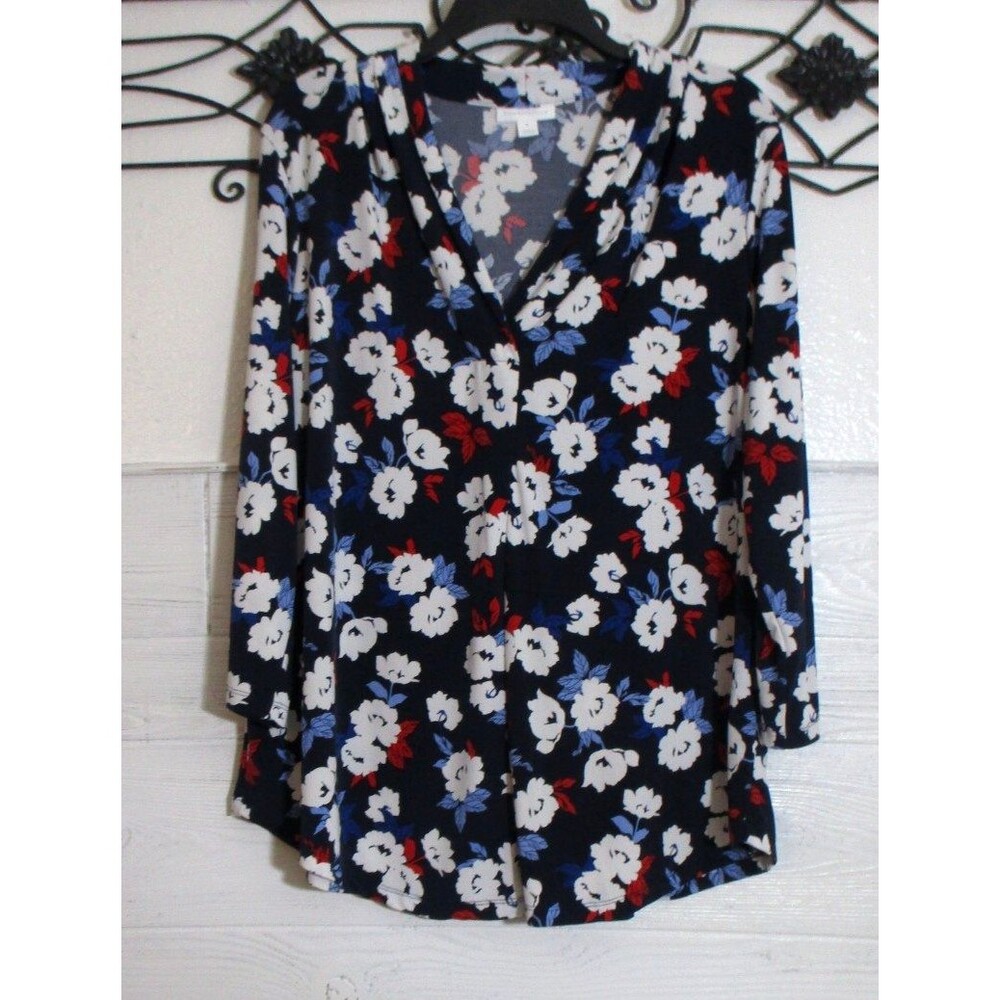 Charter Club Women's Knit Top Size XL Blue Foral Long Sleeve V Neck